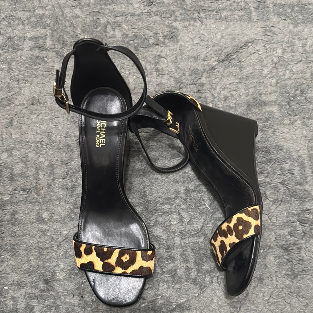 Michael Kors Black and Brown Wedge Shoes with Animal Print